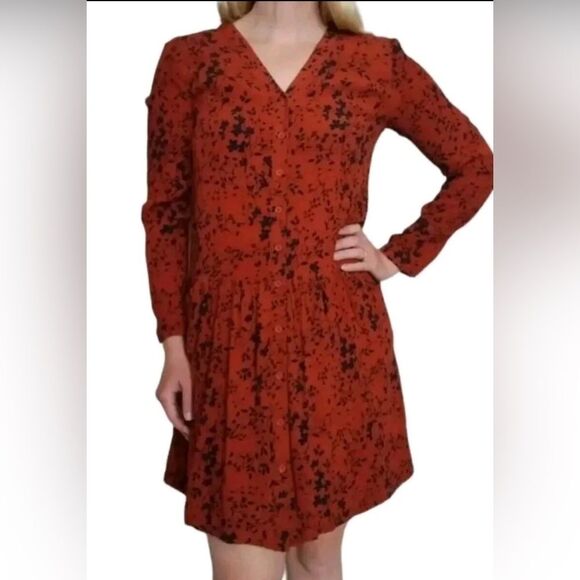 Garnet Hill Shirtdress Floral Print Drop Waist Pockets Rust Navy 12 - Picture 10 of 11